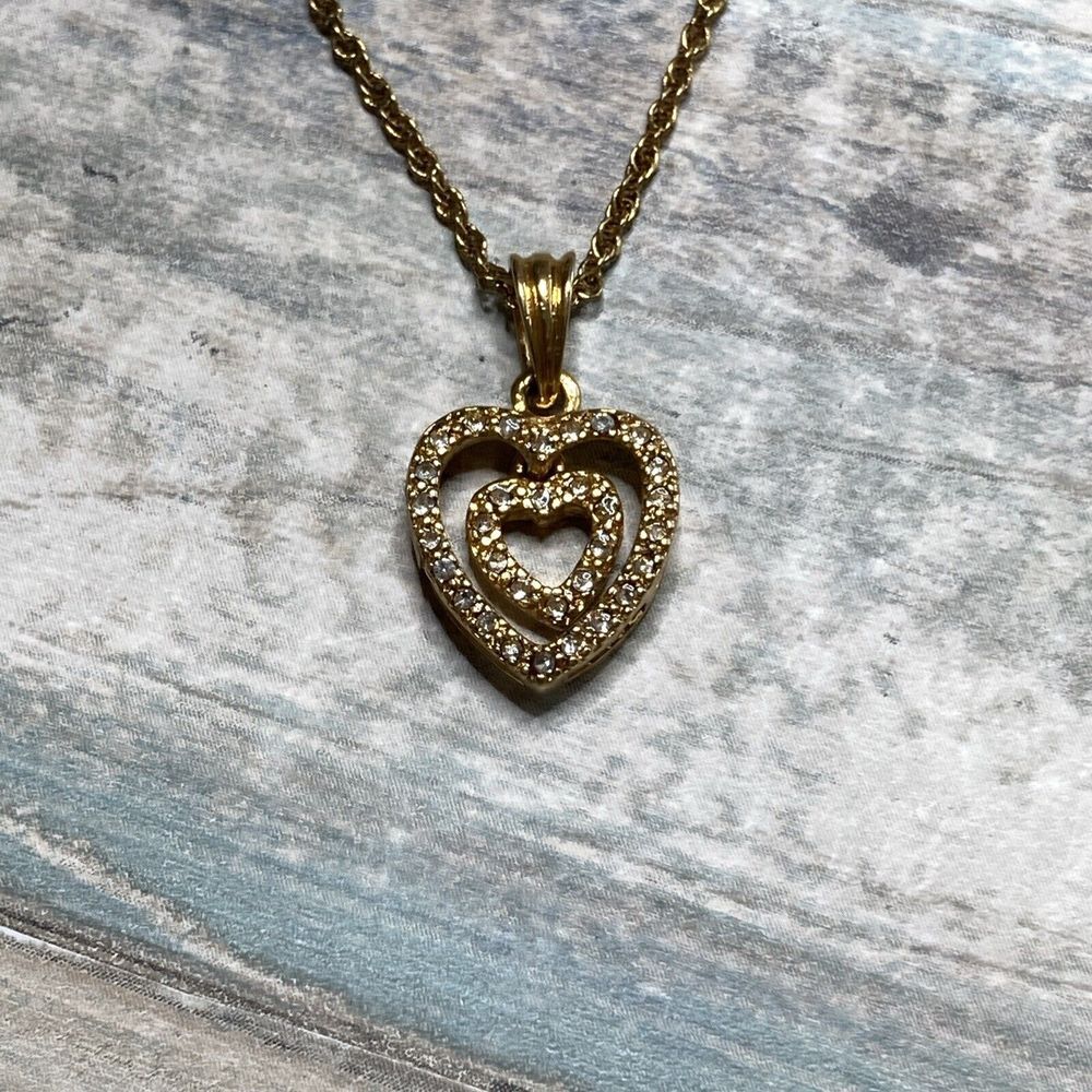 Avon Floating Heart Pendant crystals Vermeil Necklace 16"